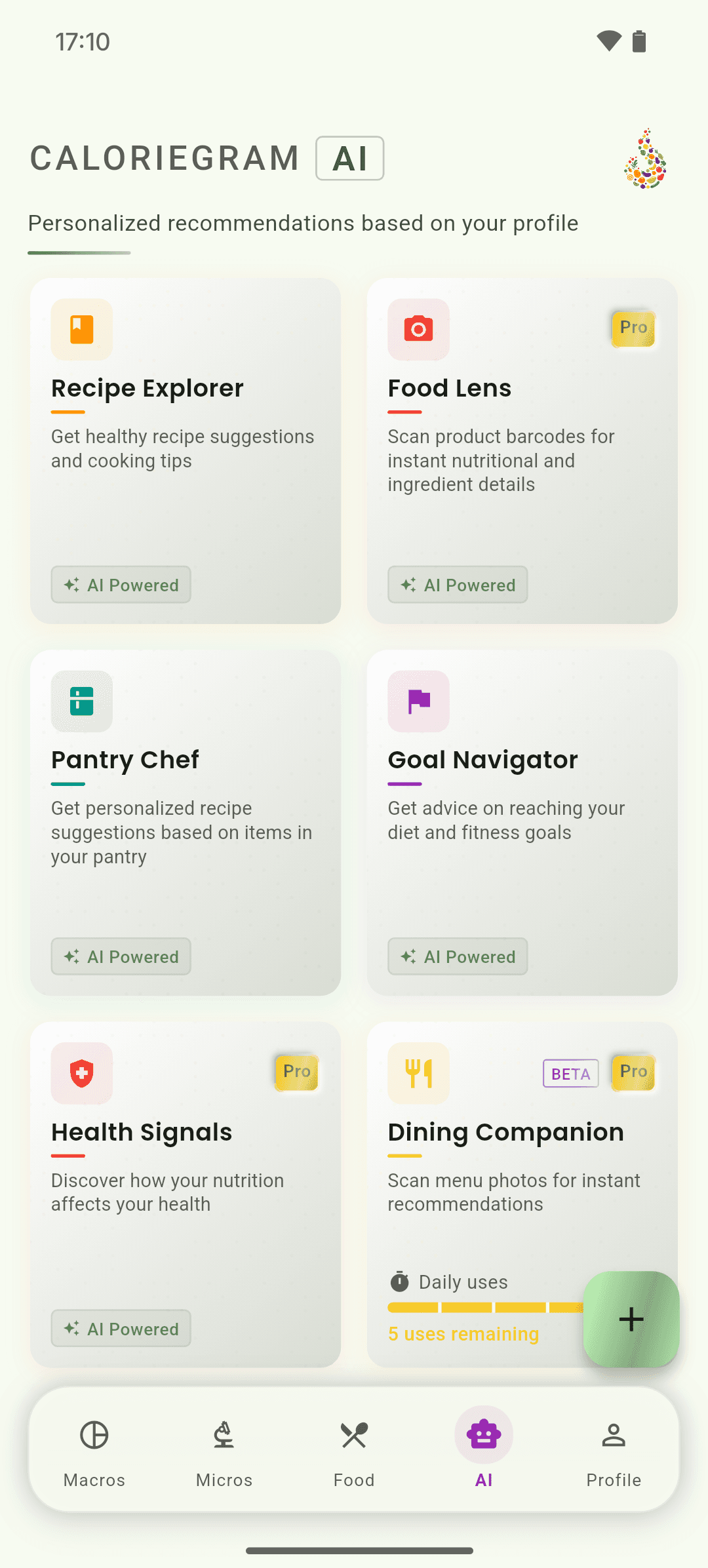 CalorieGram AI tools including Dining Buddy