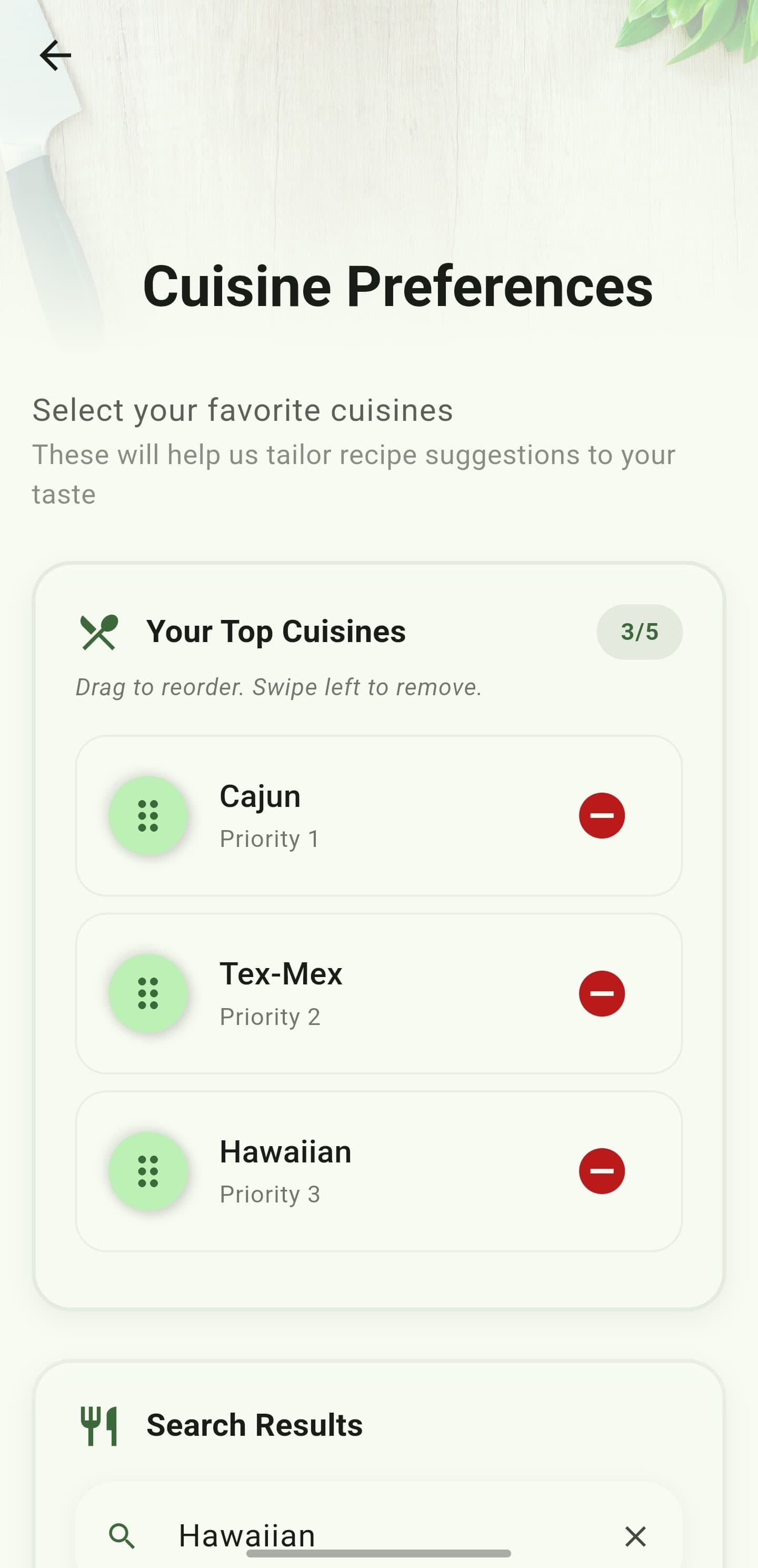 CalorieGram cuisine preference selection
