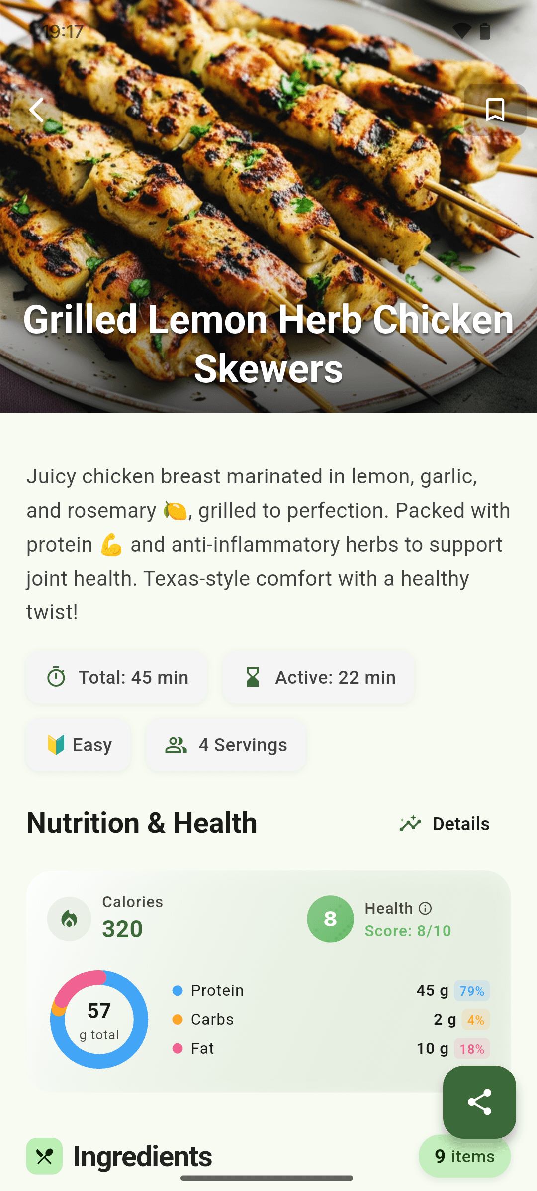 CalorieGram recipe detail view