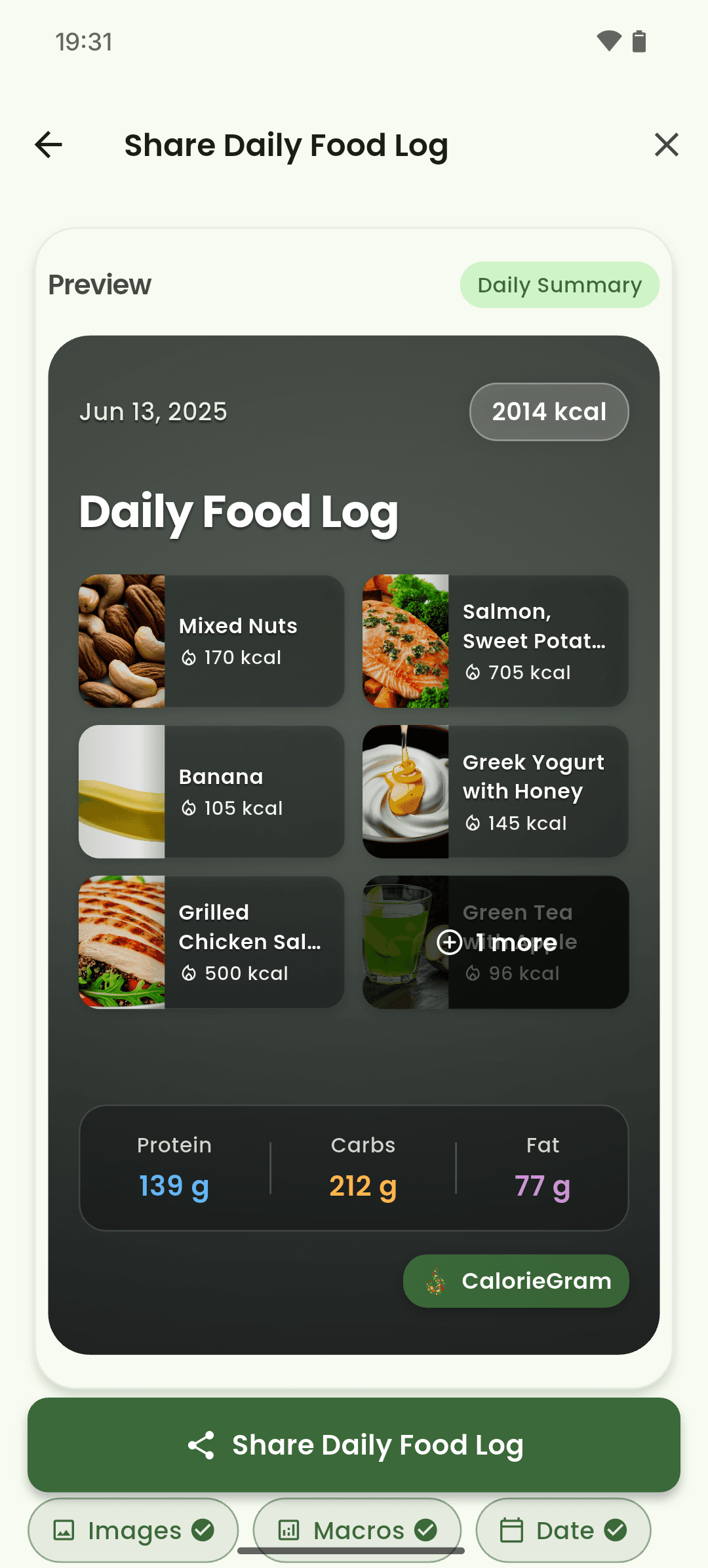 CalorieGram customizable daily-log share card