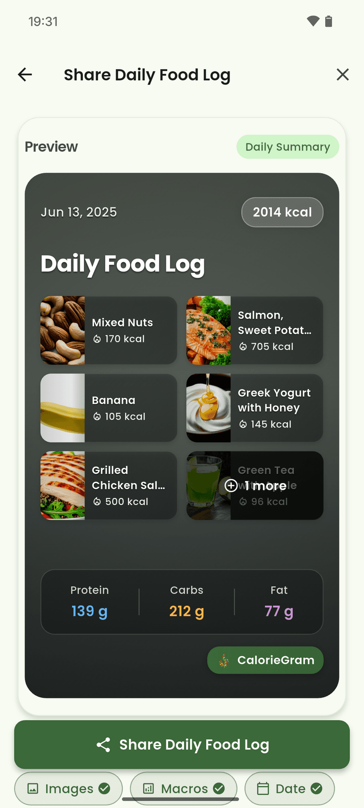Social Sharing Feature with customizable nutrition cards for Instagram and TikTok