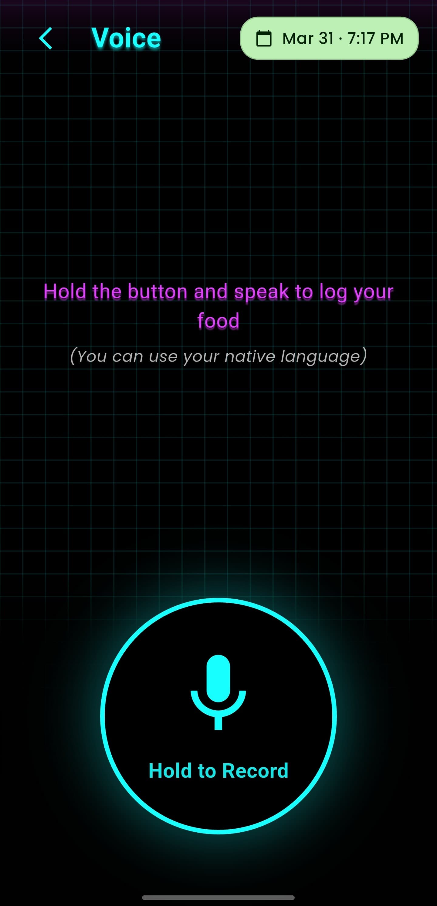 CalorieGram voice food logging screen