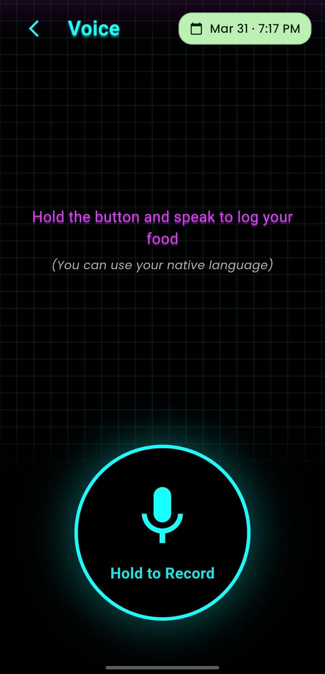 CalorieGram voice food logging screen